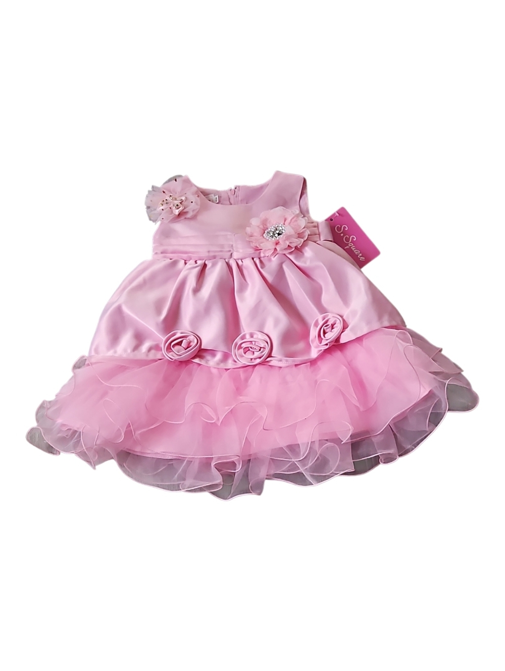 Baby Party Dress Pink Sleeveless Floral Appliques, Multi-layered Tulle Skirt NWT